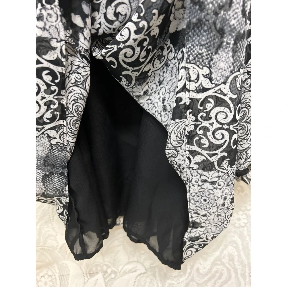 NY Collection Womens Black White Damask Chiffon Blouse Crochet Lace Trim Large - Picture 4 of 8